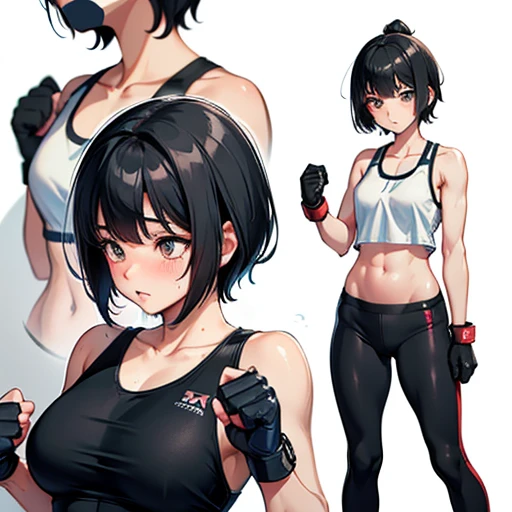 Cute Japanese high school girl with short cut, dark hair, drenched in sweat. Training at a mixed martial arts gym. Desperately working out her muscles by abdominal muscles. Out of breath, tank top, leggings, open finger gloves. Small breasts, poor belly, s...