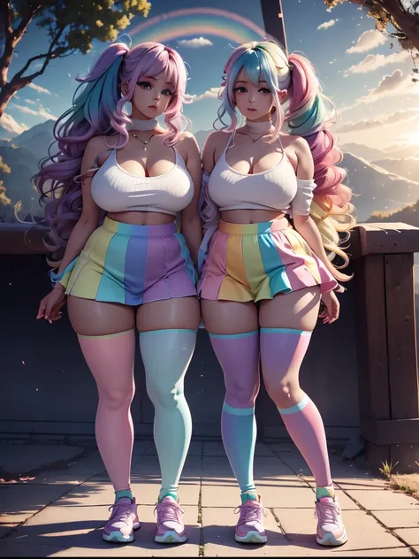 Pastel rainbow hair, soft beauty, pastel rainbow sweater, cute pastel rainbow skirt, pastel rainbow leggings, pastel rainbow shoes high tops, pastel accessories, decora kei, thick thighs, large breasts, cute pose, full body, ahegao