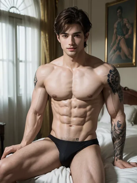 (Masterpiece, Hyperrealistic, 8k, HDR, RAW), ((Natural illumination)), night illumination, inside illumination, ((Sitting)), (((Inside a mansions bedroom))), ((handsome man)), american boy, bad boy, ((Pale skin)), 21 years old, ((Muscular abs)), ((Shirtles...