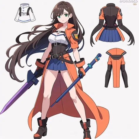 (((Best Quality))) , ((full body)), female, reference sheet, solo, (white background), holding weapon, gloves, trench skirt, belt, standing, casual dress, bikini, side slit skirt, gloves, blue, orange, green, violet, brown, white,
