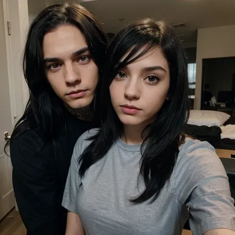 Emo couple interracial Taking a selfie in love , the boy is Polish, similar to Dominik Santorski from the movie Suicide Room He is Polish, grayish blue eyes , pale skin , tall 1.91cm and slim, his hair is dark brown and short emo hairstyle The girl is Mexi...