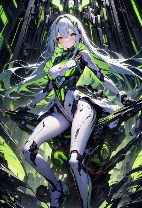 High quality, high definition images, full HD、
16k.(1 white long hair ai cyborg girl )、(black on white cyborg body) , many mechanisms are visible,Many green lights on the exterior、Riding Future, bike、black bike on a white background,green light on the exte...