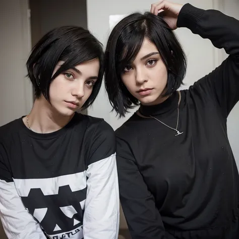 Emo couple interracial Taking a selfie in love , the boy is Polish, similar to Dominik Santorski from the movie Suicide Room He is Polish, grayish blue eyes , pale skin , tall 1.91cm and slim, his hair is dark brown and short  hair emo hairstyle Hair cover...