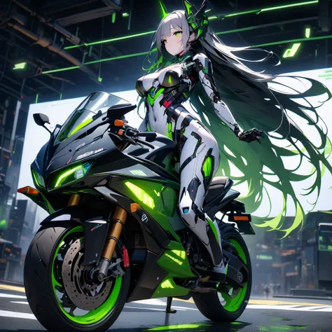 High quality, high definition images, full HD、
8k.(1 white long hair ai cyborg girl )、(black on white cyborg body) , many mechanisms are visible,Many green lights on the exterior、Riding a modern bike、black bike on a white background,green light on the exte...