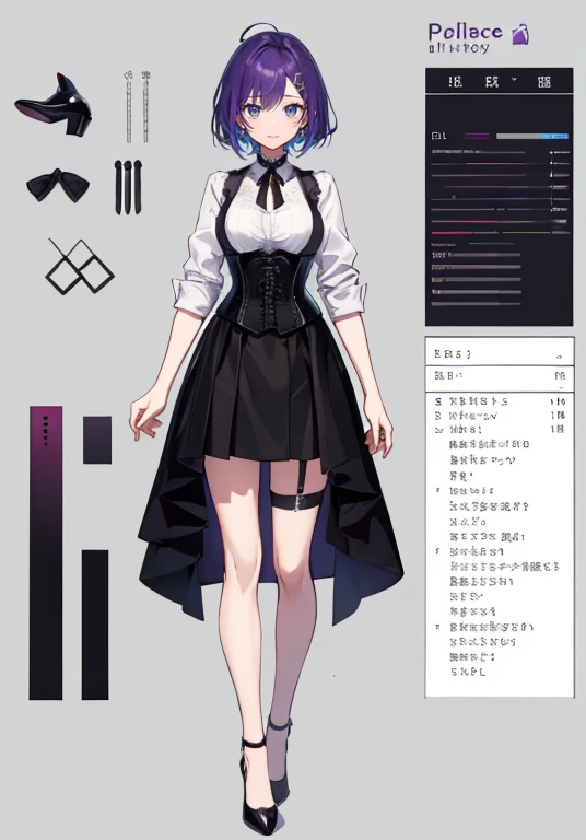 Purple hair,Short hair,Adult female,(Bartender),((Body harness)),((Black vest)),(Rolling up your sleeves shirt),(Corset),(Above knee length skirt),High heels,((Simple background)),Smile,((Full body)),((whole body)),Character Sheet,