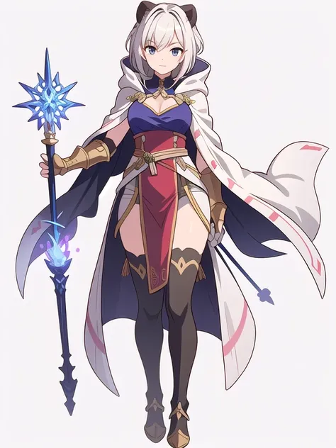 (((Best Quality))) , ((full body)), female, reference sheet, solo, (white background), holding staff, gauntlets, robe, thigh high, loin cloth only, cloak,
