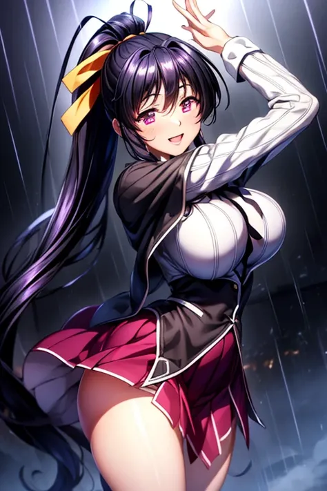 best quality, masterpiece, 1girl, (solo:1.1), raytracing, ultra detailed,detailed face, 8k wallpaper, wide hips, smile, HimejimaAkenoNDV, 1girl, black hair, large breasts,  very long hair, purple eyes, red skirt, , shirt, corset, ponytail, hair ribbon, rib...