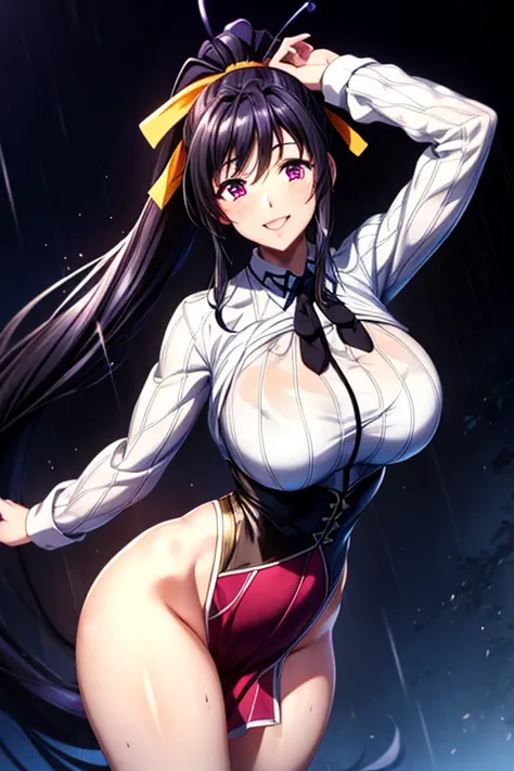 best quality, masterpiece, 1girl, (solo:1.1), raytracing, ultra detailed,detailed face, 8k wallpaper, wide hips, smile, HimejimaAkenoNDV, 1girl, black hair, large breasts,  very long hair, purple eyes, red skirt, , shirt, corset, ponytail, hair ribbon, rib...