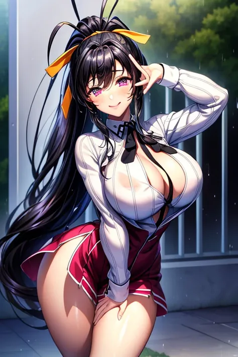 best quality, masterpiece, 1girl, (solo:1.1), raytracing, ultra detailed,detailed face, 8k wallpaper, wide hips, smile, HimejimaAkenoNDV, 1girl, black hair, large breasts,  very long hair, purple eyes, red skirt, , shirt, corset, ponytail, hair ribbon, rib...