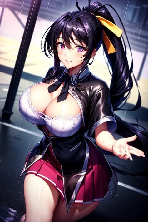 best quality, masterpiece, 1girl, (solo:1.1), raytracing, ultra detailed,detailed face, 8k wallpaper, wide hips, smile, HimejimaAkenoNDV, 1girl, black hair, large breasts,  very long hair, purple eyes, red skirt, , shirt, corset, ponytail, hair ribbon, rib...