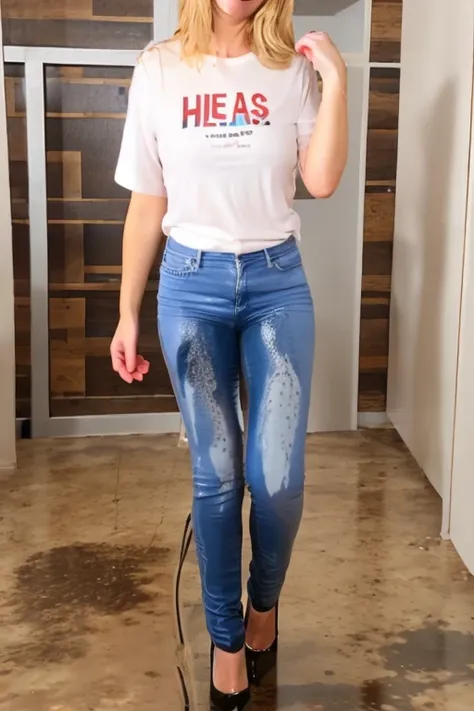 tall blonde woman, blue eyes, attractive, gray skinny jeans, high heels, t-shirt, big smile, standing in an office, show heels, pee stains on legs of jeans, pee stains on hips of jeans, (((full view))), full body view, wetting self, standing in puddle of p...