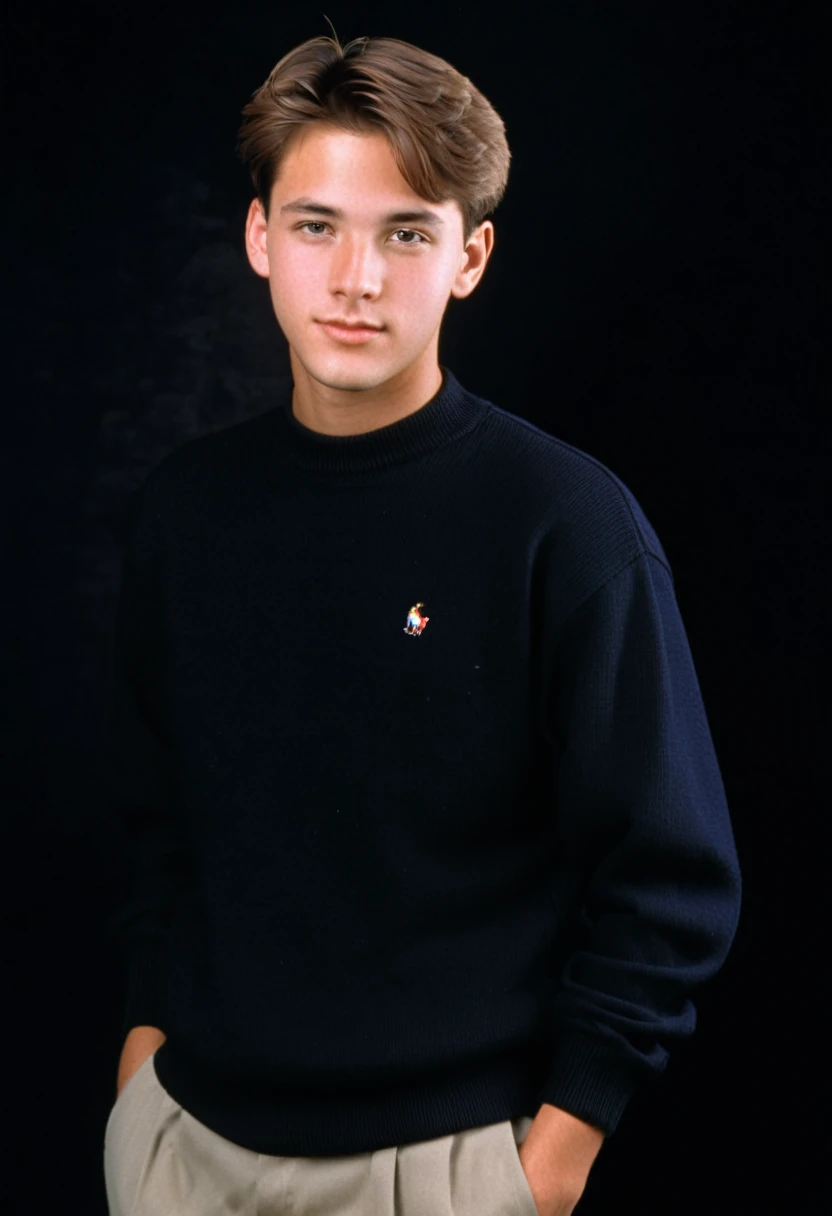 1996 style, preppy style clothing, twenty two year old man, brown short hair, blank black background, 90s clothing, 1990s, studio portrait
