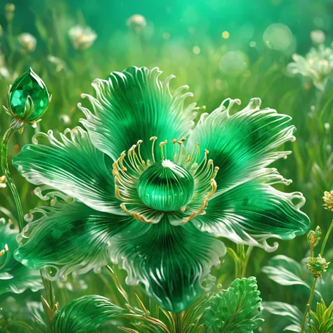 best quality, very good, 16k, ridiculous, extremely detailed, gorgeous transparent emerald flower, background grassland（（a maste...