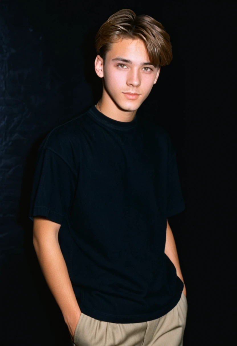 1996 style, wealthy style clothing, twenty two year old man, brown short hair, blank black background, 90s clothing, 1990s, studio portrait