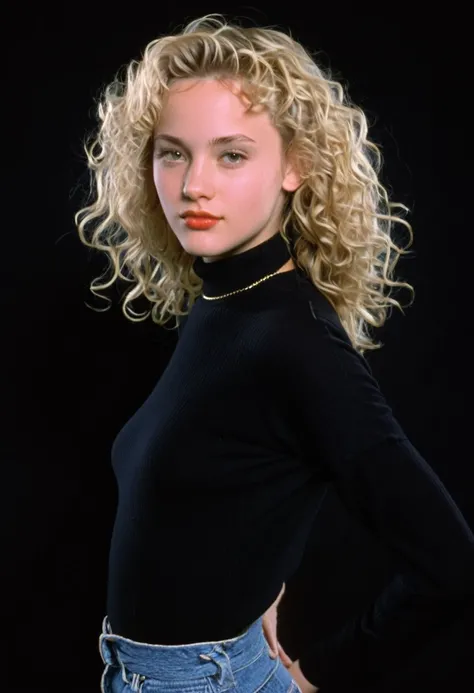 1996 clothing style, twenty year old woman, blonde wavy hair, blank black background, 90s clothing, 1990s, studio portrait, designer clothing, vixen