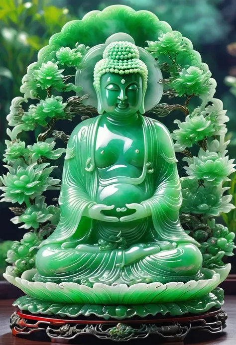 best quality, very good, 16k, ridiculous, extremely detailed, gorgeous transparent jadeite buddha, background grassland（（a maste...