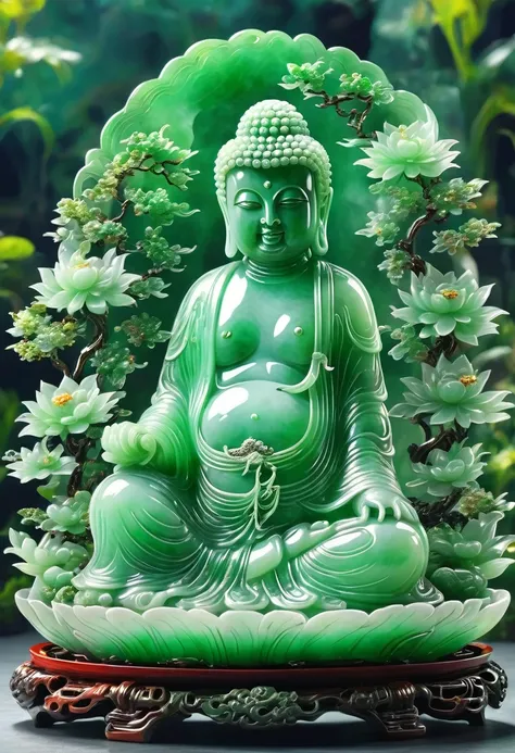 best quality, very good, 16k, ridiculous, extremely detailed, gorgeous transparent jadeite buddha, background grassland（（a maste...