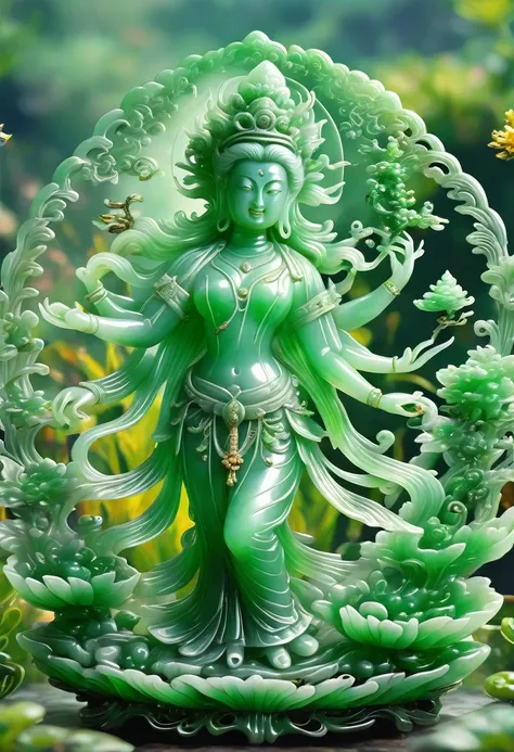 best quality, very good, 16k, ridiculous, extremely detailed, gorgeous transparent jade female bodhisattva, background grassland...