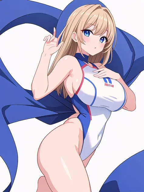 masterpiece, best quality, solo, random pose, sexy pose, seductive pose,  ((white background)), hand on own chest, competition swimsuit, dutch angle,
