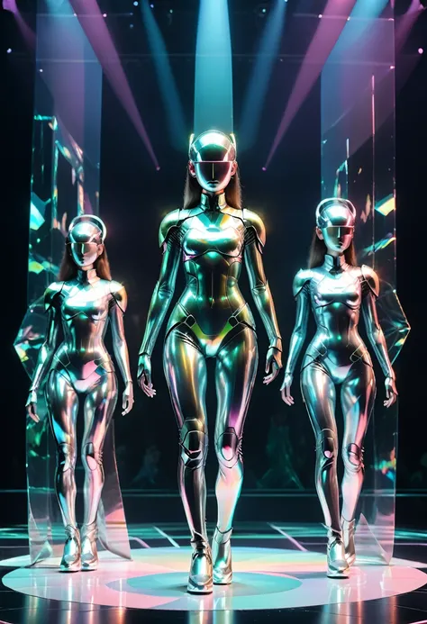 Idols show on Stage, lights, Holographic Minimalism, minimalist compositions with holographic aesthetics, clean lines and simple forms enhanced by holographic colors, futuristic simplicity, (masterpiece, best quality, Professional, perfect composition, ver...