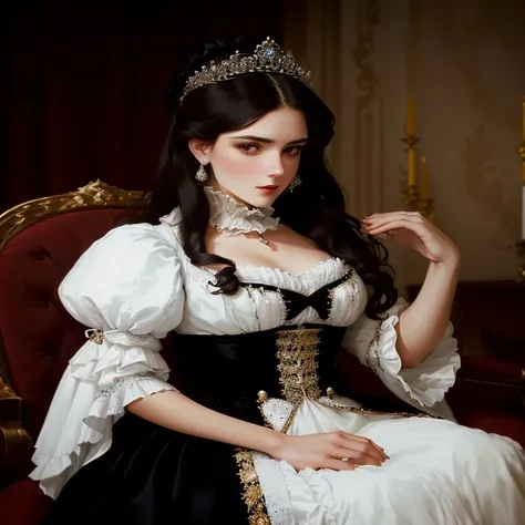 arafed woman in a white dress and a tiara sitting on a red chair, historical baroque dress, historical baroque dress dark, beautiful maiden, baroque dress, victorian style costume, in victorian aristocrat, rococo queen, elegant corset, beautiful female pri...