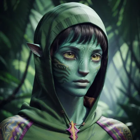 avatar style, (face portrait:1.6), naavi, 1girl, female, yellow eyes, ((big detailed alien eyes:1)), ((eyebrowless)), ((pointy e...