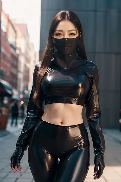 (age 25, mature) (beautiful korean woman, long, long_hair), masterpiece, wearing face veil and black shiny leggings, wearing lea...