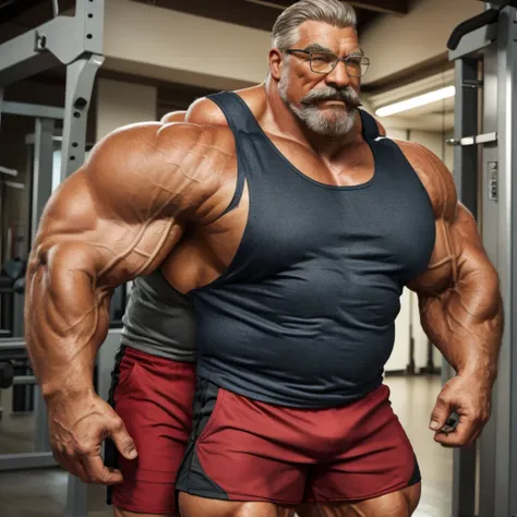 muscular old man, detailed, wearing tank top and shorts, glasses, really big mustache ,really big muscle, bigger muscle, very big muscular, over sized muscle, biggest muscle, big pec muscular, biggest pec muscle, detailed muscle, realistic rendering, CG re...