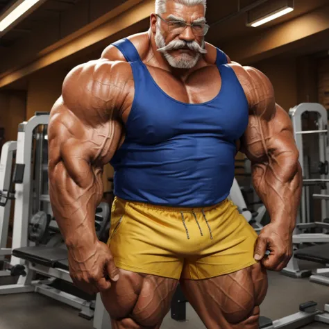 muscular old man, detailed, wearing tank top and shorts, glasses, really big mustache ,really big muscle, bigger muscle, very big muscular, over sized muscle, biggest muscle, big pec muscular, biggest pec muscle, detailed muscle, realistic rendering, CG re...