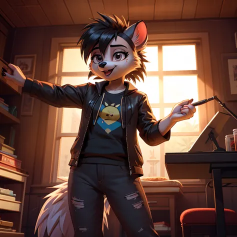 ash the porcupine, from the movie "sing!", wearing emo clothes, she's a female.