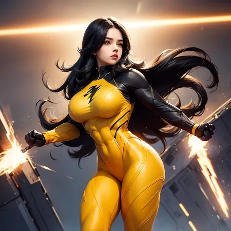 A muscle black skined girl with a yellow tight superhero suit. The suit covers her full body and it has a lightning silhouette in red color in her chest. Her face is uncovered. Her hair is black. Her eyes are green. She is flying. 