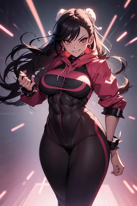 juri han,extremely long hair perfect anatomy 1 girl tall solo curvy ((muscular)) hoodie leggings toned body,Evil Smile,,chifres de cabelo,detalhes do corpo
