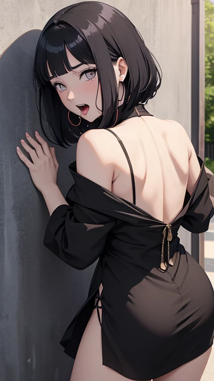 angle from the back, anime style, gem mark at forehead, light effect, soft, super clear, high-definition picture, masterpiece, cinematic lighting, Hinata Hyuga, white eyes, black hair, 1girl, solo, looking at viewer, large breast, off-shoulder long dress, ...