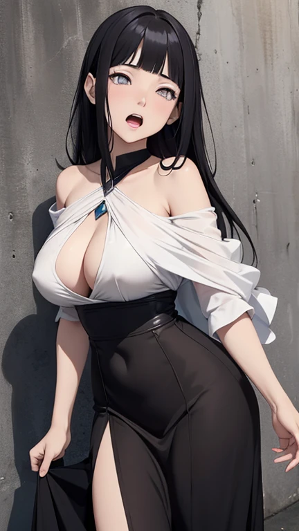 angle from the back, anime style, gem mark at forehead, light effect, soft, super clear, high-definition picture, masterpiece, cinematic lighting, Hinata Hyuga, white eyes, black hair, 1girl, solo, looking at viewer, large breast, off-shoulder long dress, ...