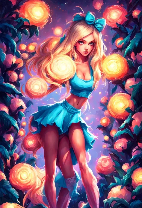 a beautiful 20 year old blonde woman with big messy hair in a blue dress, white stockings, black headband, cleavage, holding a glowing mushroom, fantasy art style, rossdraws cartoon vibrant, alice in wonderland cyberpunk, cute detailed digital art, colorfu...