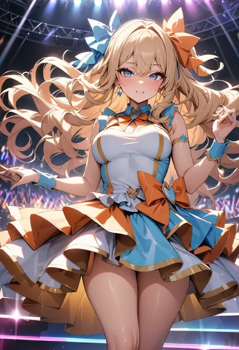 ((best quality)), ((masterpiece)), (detailed), perfect face, Idol, A glittering stage, Colorful lighting, Woman in idol costume,, Detailed face, Long eyelashes, Beautiful eyes, Fluttering Hair, Long Hair, Feminine curvaceous