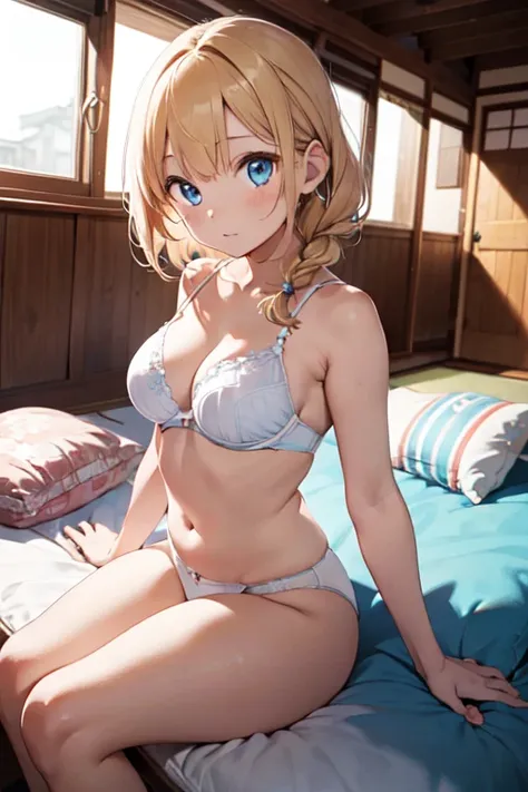 masterpiece, highest quality, High resolution, 7-year-old girl、blue eyes、
blonde,  Braiding, White bra、White panties、Japanese-style room、futon、Lie