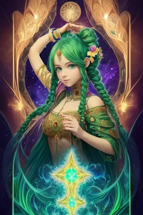 (masterpiece, top quality, best quality, official art, beautiful and aesthetic:1.2), (1girl:1.3), (fractal art:1.3), card, tarot, green hair, twin braids, hair flower, (good lighting:1.1), ((highres)), Tarot card style