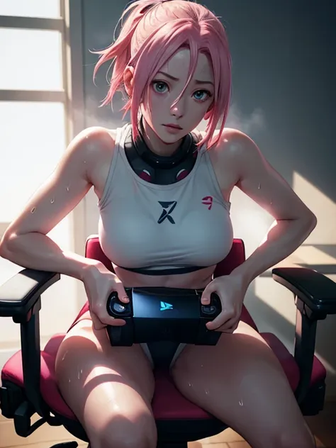 Hyper realistic {sakura haruno, (sweaty)}, perfect symmetrical body, thin waist, {sitting on a gaming chair, holding a PlayStation 5 DualSense}, facing the camera, symmetrical face, ideal human, 85mm lens, f8, photography, ultra details, natural light, bac...