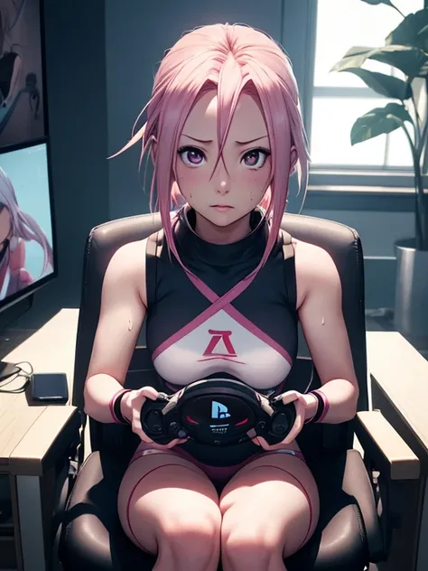 Hyper realistic {sakura haruno, (sweaty)}, perfect symmetrical body, thin waist, {sitting on a gaming chair, holding a PlayStation 5 DualSense}, facing the camera, symmetrical face, ideal human, 85mm lens, f8, photography, ultra details, natural light, bac...