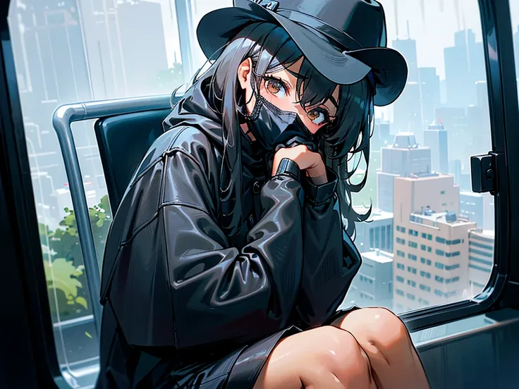 A yellowish tan-skinned Indonesian teenage girl with black curly hair and brown eyes sitting all alone on the far end of a city bus seat, next to the window as it visibly rains outside, setting a somber mood. The girl is wearing an all-black outfit consist...