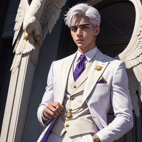 Olive skin boy with violet eyes, white hair, a white suit with a gold eagle badge, stoic and handsome