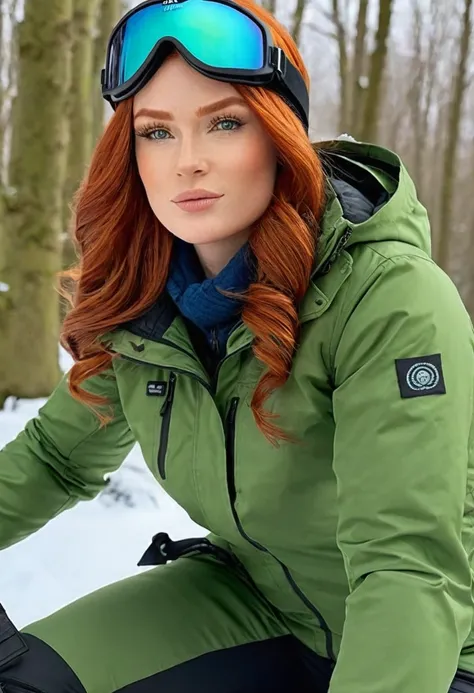 (high quality:1.5), (8k), Art of work, (Realistic), extremely detailed, (High detail:1.2), (Hotlexi woman), Solo, Irish redhead female, (jacket, cap, snow goggles and pants),