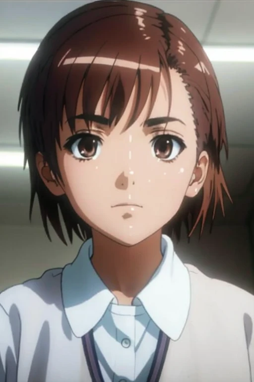 masterpiece, highest quality, superior_Mikoto, Brown eyes, short_hair, small_chest, View your viewers, alone, Closed_mouth, With collar_shirt, School_uniform, shirt, white_shirt, classroom