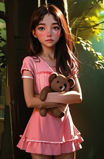 1girl,green eyes,long brown hair,blood coming out of eyes,clutching teddy bear,pink dress,short sleeves,barefoot,forest backgrou...