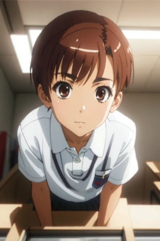 masterpiece, highest quality, superior_Mikoto, Brown eyes, short_hair, small_chest, View your viewers, alone, Closed_mouth, With collar_shirt, School_uniform, shirt, white_shirt, classroom