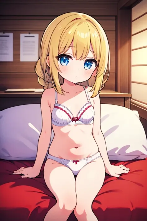 masterpiece, highest quality, High resolution, 7-year-old girl、blue eyes、
blonde,  Braiding, White bra、White panties、Japanese-style room、futon、Lie