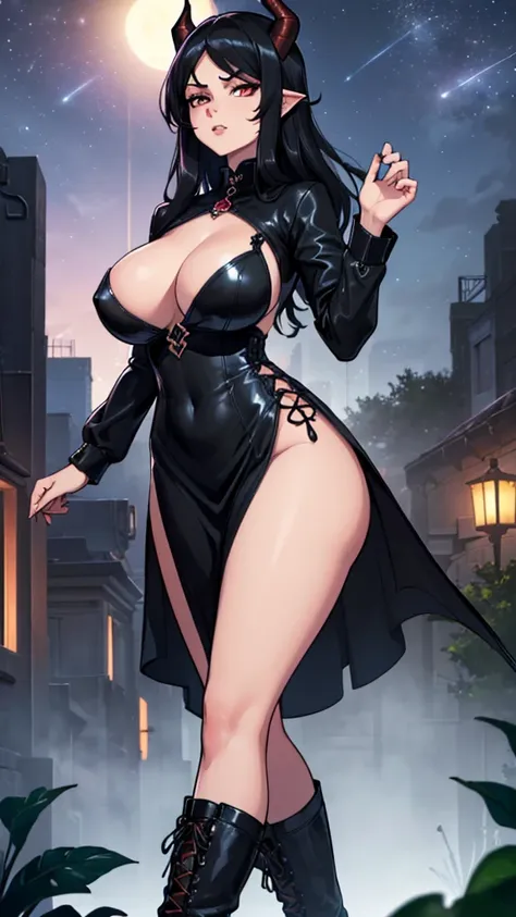 Masterpiece: 1.3, 1 girl ((25 years old, dressed in a tight gothic black dress, leather boots, huge breasts, long dark-black hair, beautiful face, perfect model body, big dragon horns, bright red eyes: 1.4, cold-blooded and neutral face, looking at the gir...