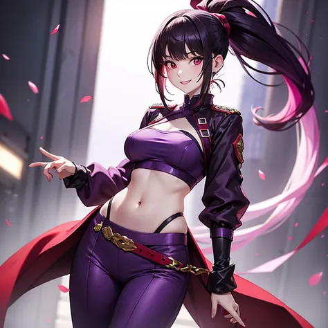 1 woman, High ponytail hair, pale skin, red eyes, exposed belly, purple clothes, with smile, movie