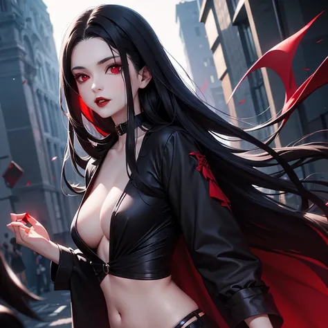 1 woman, vampire, red lips, red eyes, black hair, long hair, black clothes, exposed belly, movie 